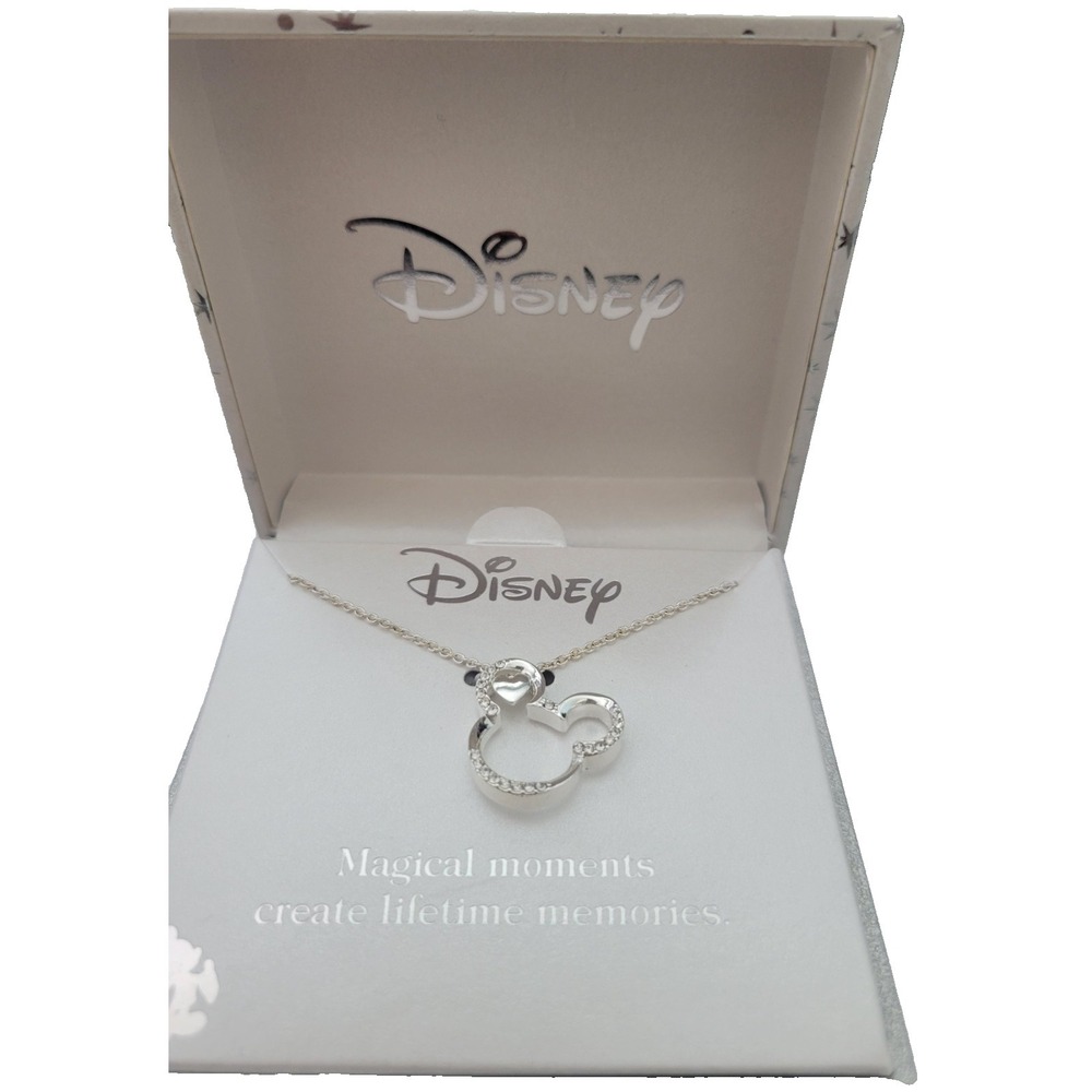 Disney Mickey Mouse Heart Crystal Pendant‎ Necklace Silver Tone Magical Moments